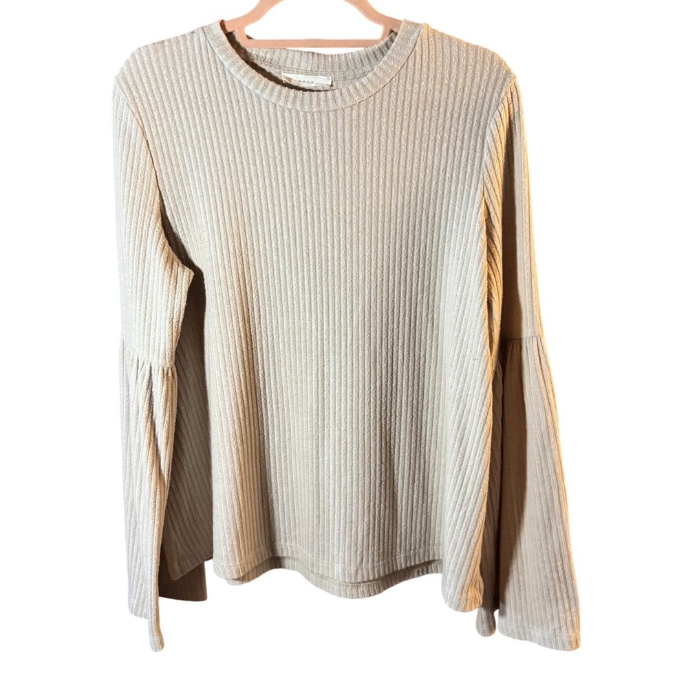 Lush Womens Ribbed Knit Bell‎ Sleeve Top Beige Crew Neck Rayon Blend Size M